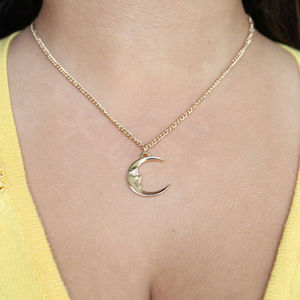 Waning Crescent Moon Face Necklace, Gold or Silver